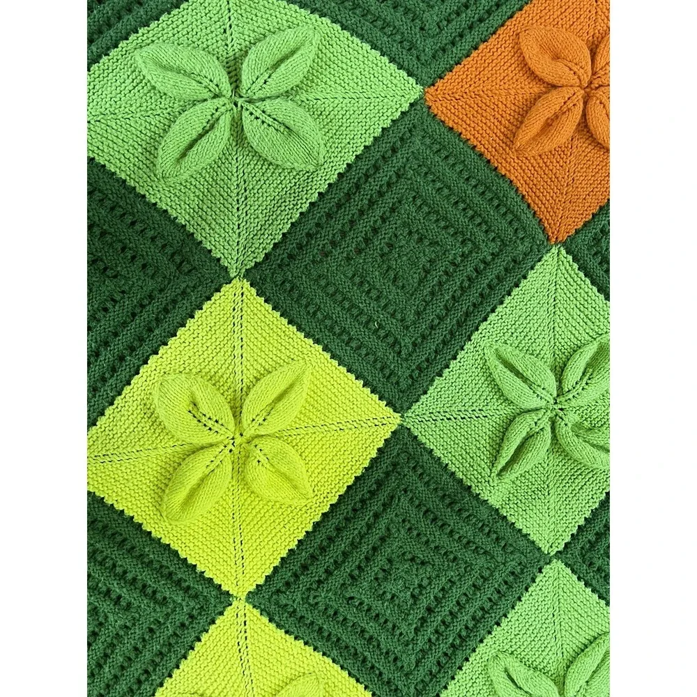 Vtg Handmade Knit Blanket Throw Granny Yellow Green Orange Squares Crochet 61x76
